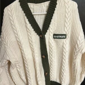 Cream and Green Cable Knit Cardigan Sweater